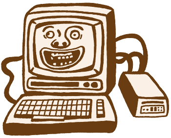 Image of old computer with a stupid face displayed on old CRT monitor.